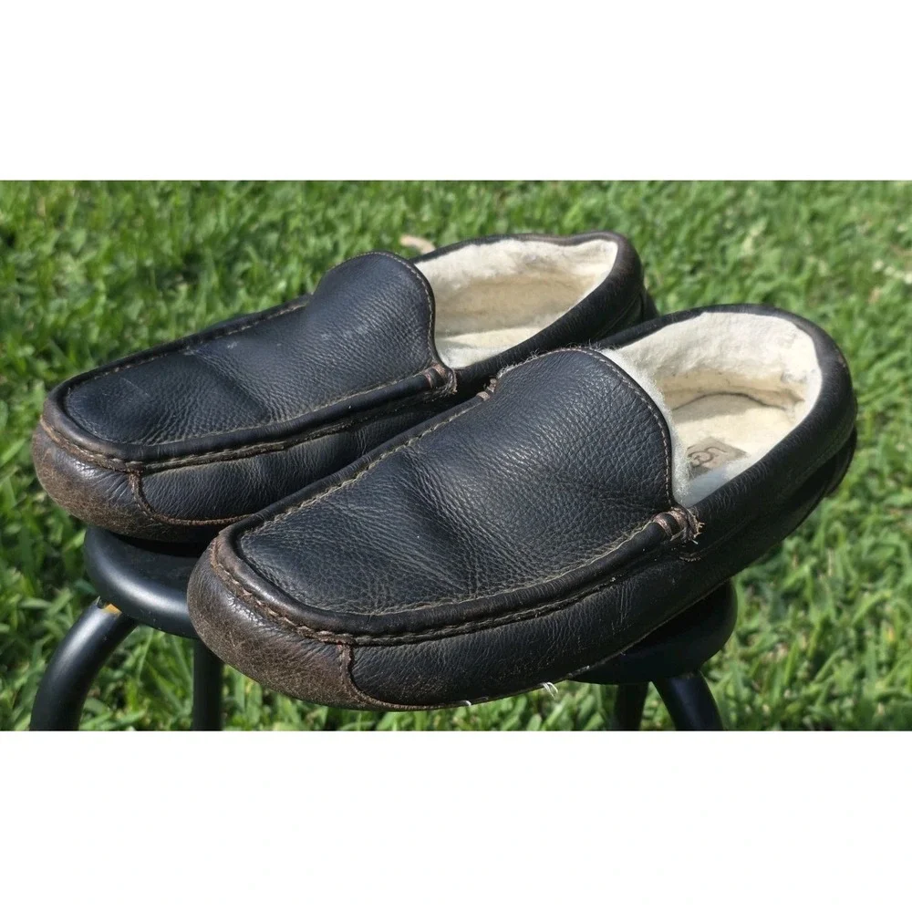 UGG Ascot Mens Leather Slippers Dark Brown Espresso Moccasin Loafers 5379
